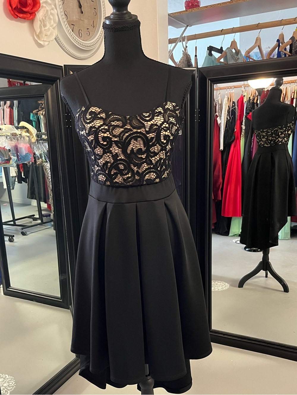 Black Lace-Accent High-Low Party Dress
